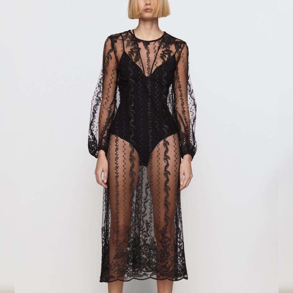 ZARA EMBROIDERED SEMI-SHEER DRESS TULLE BLACK - Picture 16 of 16